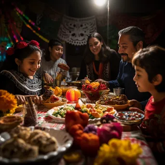 Family enjoying traditional foods during Dia de los Muertos celebration. - Image 2