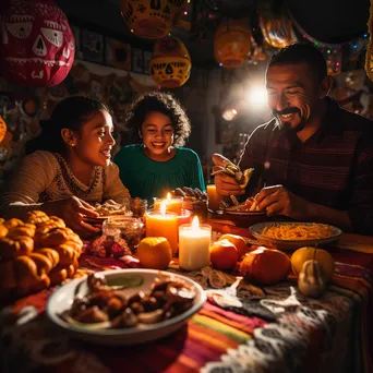 Family enjoying traditional foods during Dia de los Muertos celebration. - Image 3