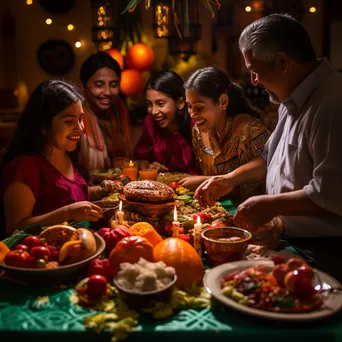 Family enjoying traditional foods during Dia de los Muertos celebration. - Image 4