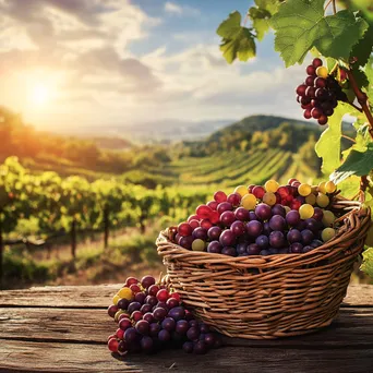 Basket of freshly harvested grapes on a wooden table in a vineyard. - Image 2