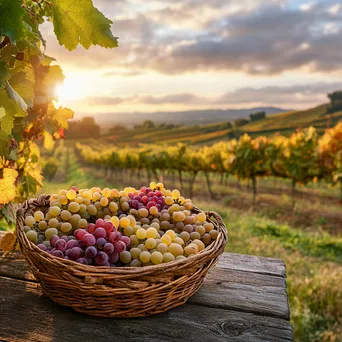 Basket of freshly harvested grapes on a wooden table in a vineyard. - Image 3