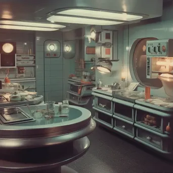 Image of a retro-futuristic kitchen with automated cooking appliances and holographic menus - Image 1