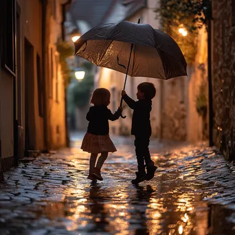 Two children sharing an umbrella while jumping in puddles - Image 2