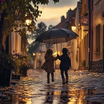 Two children sharing an umbrella while jumping in puddles - Image 3