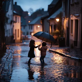 Two children sharing an umbrella while jumping in puddles - Image 4