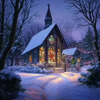 Snow-laden country chapel with warm light emanating from stained glass windows on Christmas Eve - Image 2