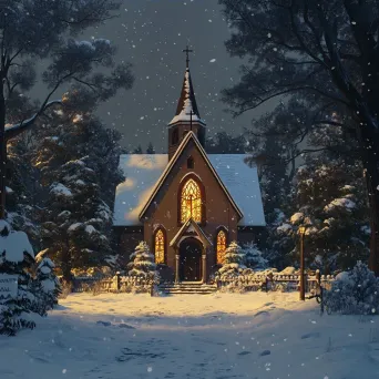 Snow-laden country chapel with warm light emanating from stained glass windows on Christmas Eve - Image 3