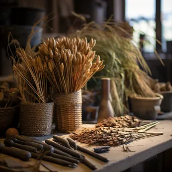 Flax processing tools next to harvested flax plants. - Image 4