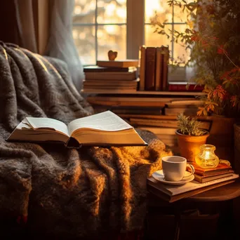 Cozy reading nook with books, blanket, and tea - Image 1