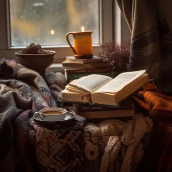 Cozy reading nook with books, blanket, and tea - Image 3