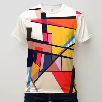 Graphic t-shirt portrayed in low poly style with a vibrant, De Stijl-inspired design - Image 1