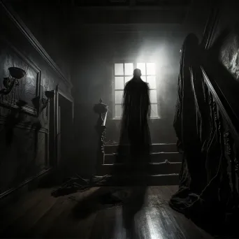 Ghostly figure in a Victorian mansion under moonlight, Gothic noir style - Image 2