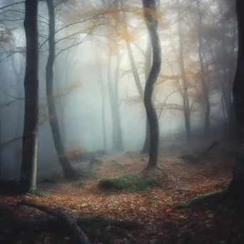 Aerial view of mystical forest with fog and morning light - Image 2