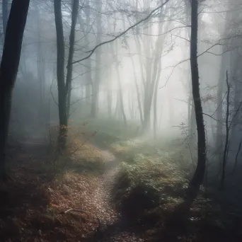 Aerial View of Mystical Forest with Fog