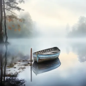 Foggy morning on country lake with solitary rowboat - Image 1