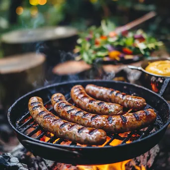 Gourmet sausages grilling beside mustard and salad - Image 1