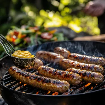 Gourmet sausages grilling beside mustard and salad - Image 2