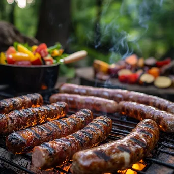 Gourmet sausages grilling beside mustard and salad - Image 4