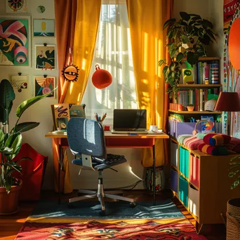 Colorful home office with laptop, stationery, and sunlight - Image 1