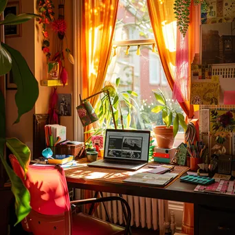 Colorful home office with laptop, stationery, and sunlight - Image 3