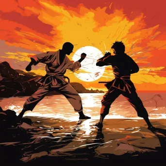 Capoeira duel on a beach at sunset drawn in Manga style - Image 2