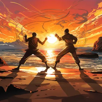 Capoeira duel on a beach at sunset drawn in Manga style - Image 3