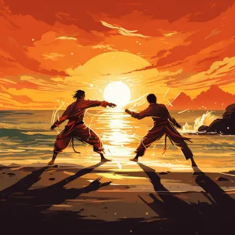 Capoeira duel on a beach at sunset drawn in Manga style - Image 4