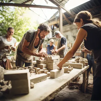 Participants learning brick-making techniques in a workshop - Image 1