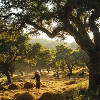 Workers harvesting cork among oak trees in rural setting - Image 4