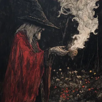 Gouache painting of a dark sorcerer weaving a curse using vibrant reds and blacks - Image 3