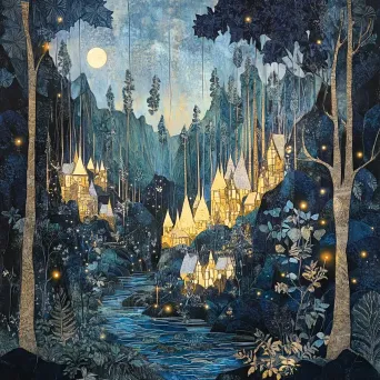 Paper collage of an ethereal elf village in the heart of an age-old forest - Image 1