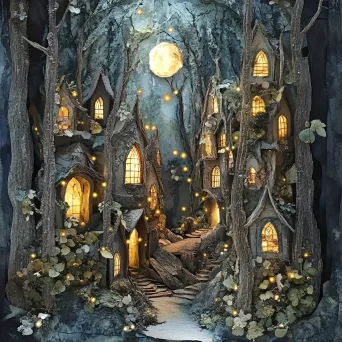 Paper collage of an ethereal elf village in the heart of an age-old forest - Image 3