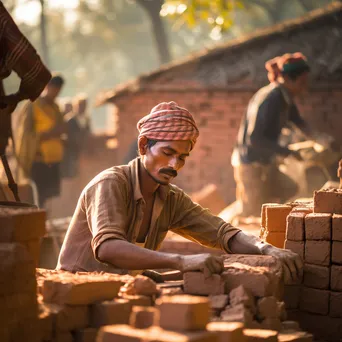 Workers molding clay into bricks in a rural scene - Image 2