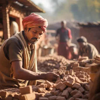 Workers molding clay into bricks in a rural scene - Image 3