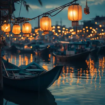 Twilight harbor with glowing lanterns casting light on boats and water. - Image 1