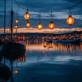 Twilight harbor with glowing lanterns casting light on boats and water. - Image 3