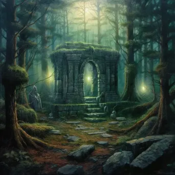 Mystical Druid grove in a forest with stone altar and ancient trees under moonlight - Image 3