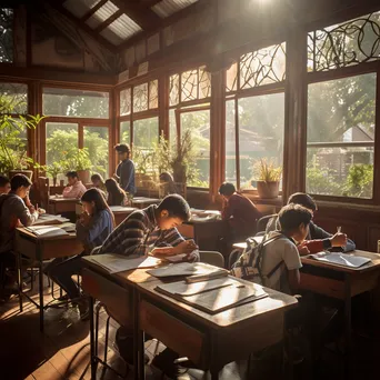 Classroom scene with students writing in notebooks during morning hours. - Image 4