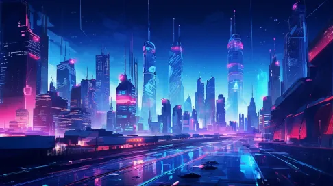 Futuristic low poly cityscape at night with glowing neon colors and hover cars - Image 1