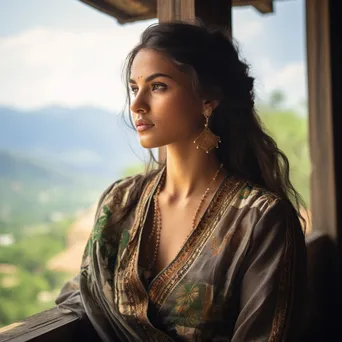 Young woman in traditional clothing gazing at a scenic view - Image 1