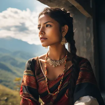 Young woman in traditional clothing gazing at a scenic view - Image 2