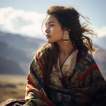 Young woman in traditional clothing gazing at a scenic view - Image 4