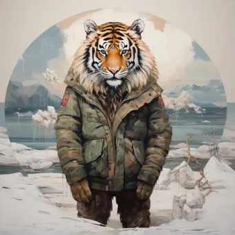 Image of a lone Siberian tiger standing against a snowy backdrop in the Russian Far East - Image 1