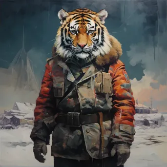 Image of a lone Siberian tiger standing against a snowy backdrop in the Russian Far East - Image 2