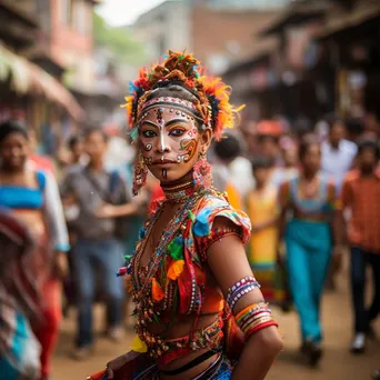 Local dancers in colorful costumes at a cultural festival market - Image 1