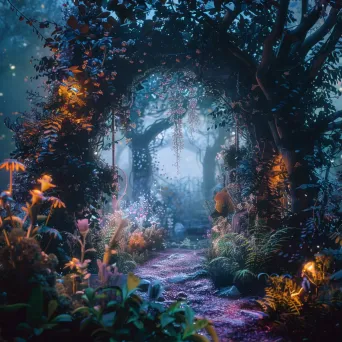 Enchanted garden with mystical portal displaying 