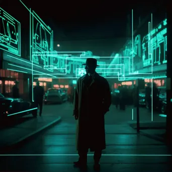 Image of a 1940s style detective in a futuristic noir cityscape with neon signs - Image 2