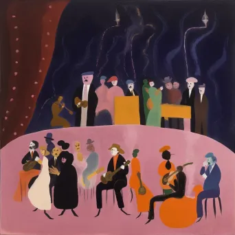 Whimsical concert scene with music legends from different eras performing together on a dream stage - Image 1