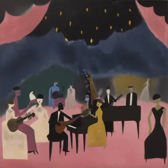 Whimsical concert scene with music legends from different eras performing together on a dream stage - Image 4