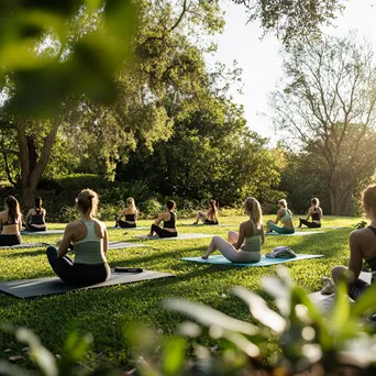 Participants performing Pilates exercises outdoors in a lush garden on sunny day. - Image 1